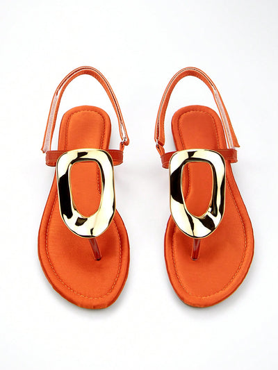 Chic Orange Sardine Fabric Flat Sandals with Gold Metal Buckle