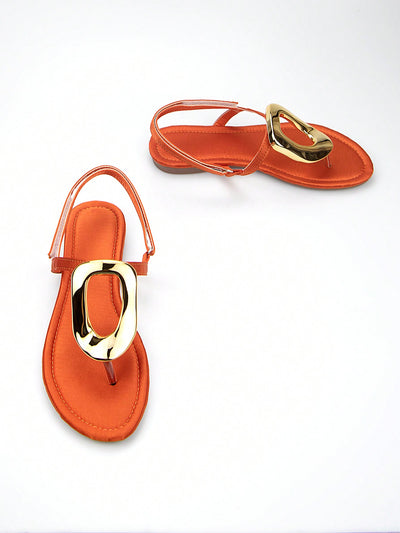 Chic Orange Sardine Fabric Flat Sandals with Gold Metal Buckle