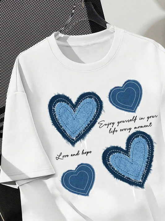 Heartfelt Summer Vibes: Casual Loose Fit Heart Graphic Tee for Women