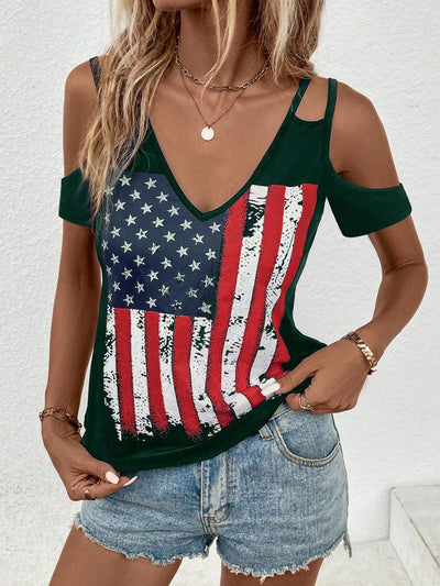 Fashionable American Flag Printed Cold Shoulder 4th of July T-Shirt