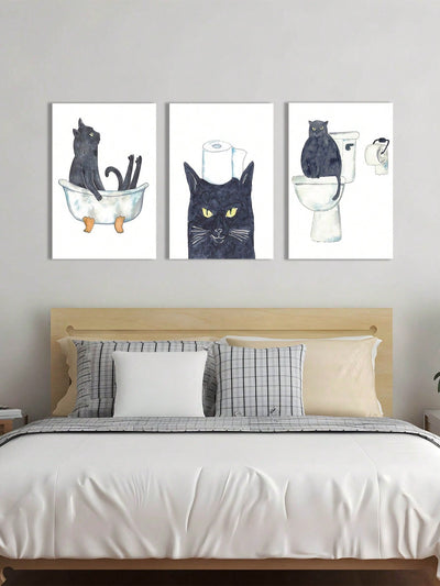 Whimsical Black Cat Poster Set: Adorable Bathroom and Bedroom Wall Decor