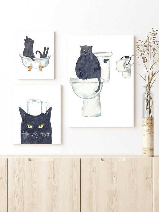 Whimsical Black Cat Poster Set: Adorable Bathroom and Bedroom Wall Decor