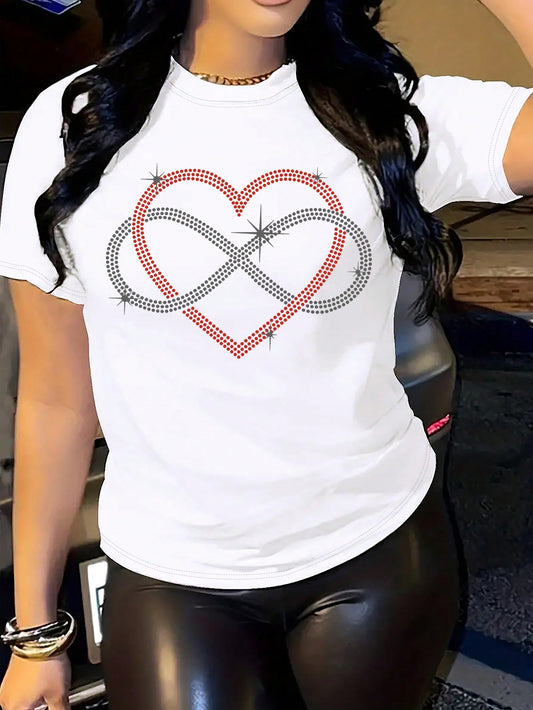 Heartfelt Glamour: Women's Rhinestone-Embellished Heart Patterned T-Shirt