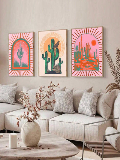 Boho Desert Vibes: Frameless Canvas Print - Cactus & Vulture Sunrise/Sunset Wall Art