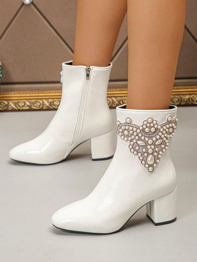 Sleek and Chic: Women's Chunky Heel Glossy Leather Short Boots with Slim Zipper