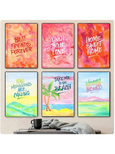 Best Friends Forever Watercolor Quotes Canvas Paintings - Set of 6 | Living Room Wall Decor