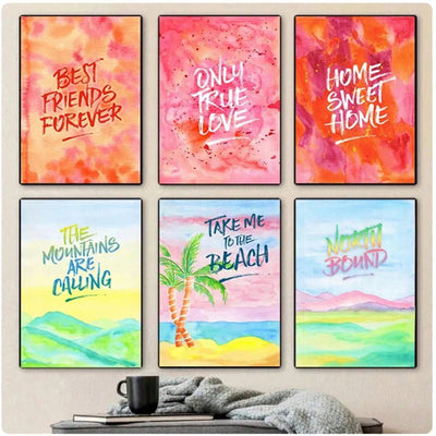 Best Friends Forever Watercolor Quotes Canvas Paintings - Set of 6 | Living Room Wall Decor