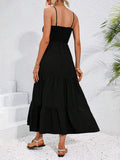 Back view black smocked tiered maxi sundress with adjustable straps