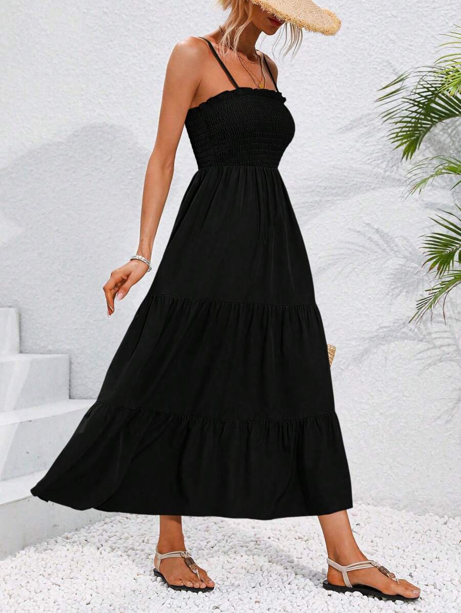 Black smocked bodice tiered maxi sundress with flowy A-line skirt