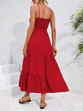 Back view red smocked tiered maxi sundress with adjustable straps