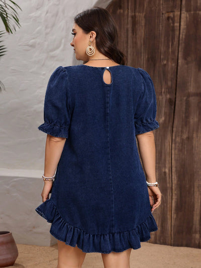 Chic and Trendy: Plus Size Denim Dress with Lace Trimmed Puff Sleeves