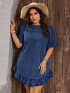 Chic and Trendy: Plus Size Denim Dress with Lace Trimmed Puff Sleeves