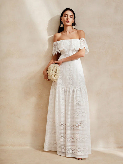 Elegantly Chic Off-Shoulder Lace Ruffle Maxi Dress with Cinched Waist