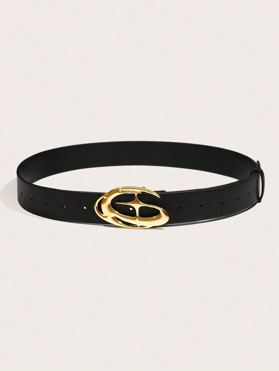 Coiled view of black wide waist belt with glossy gold abstract oval buckle