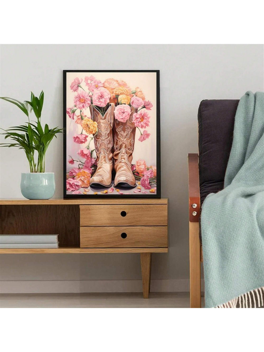 This boho chic floral cowgirl canvas art print brings a modern Western vibe to your home decor. With its vibrant colors and unique design, it's perfect for adding a touch of style to any room. Made with high-quality materials, this print is sure to make a statement.