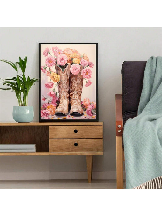 Boho Chic Floral Cowgirl Canvas Art Print: Modern Western Poster for Home Decor