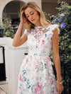 Floral Elegance: Stand Collar Lace Cap Sleeve Long Dress