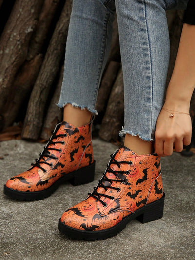 Stylish British Short Boots: Low Heel, Thick Sole, Lace-Up Design for Halloween