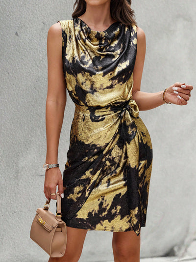 Chic and Unique: Tie Dye Draped Neck Wrap Sleeveless Dress for Summertime