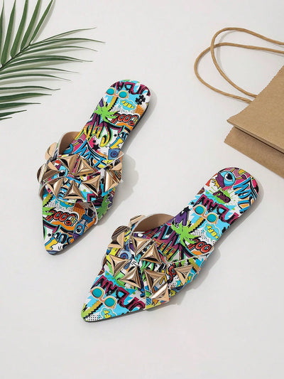 European-American Style Riveted Beachwear Flat Sandals - Women's Fashionable Large Size