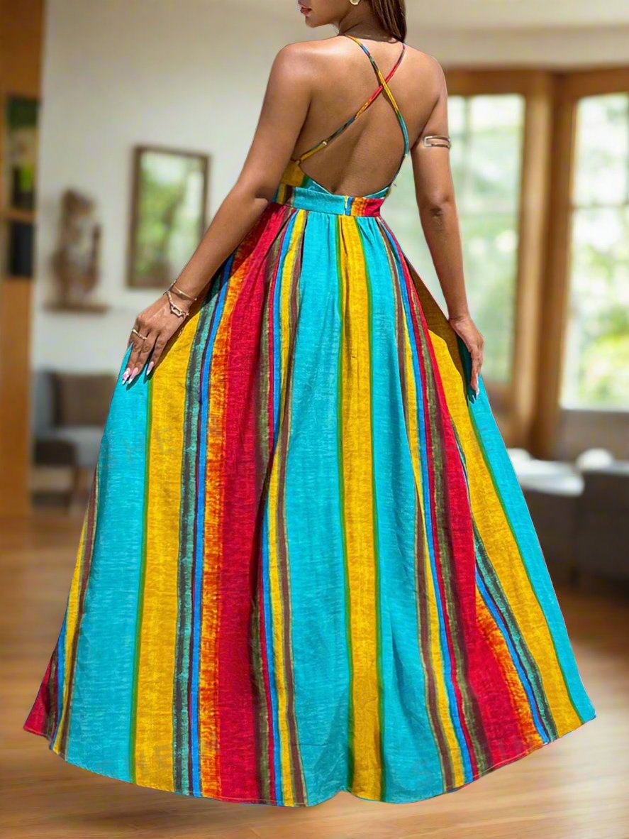 Dress up in style this summer with our Rainbow Striped Maxi Flowy Dress! Made with vibrant rainbow stripes, this dress is the perfect outfit for Pride celebrations. Its flowy design offers a comfortable and flattering fit for all body types. Show your support and pride with this perfect summer dress.