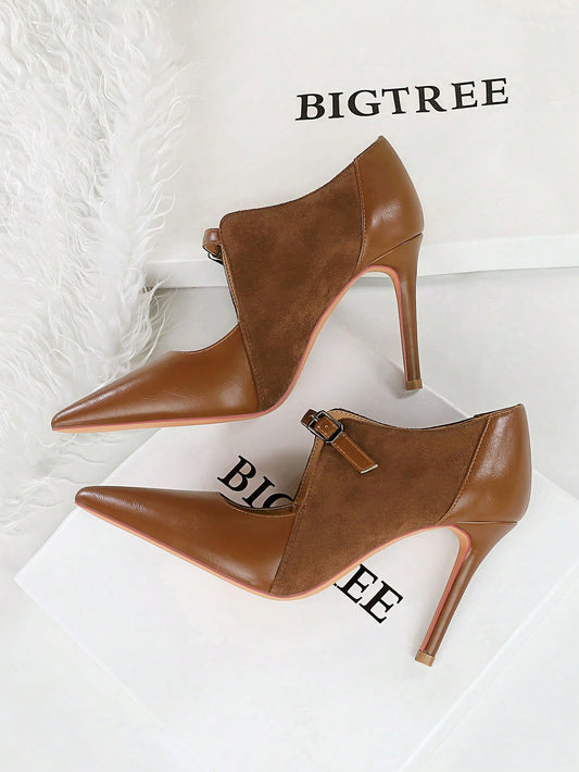 European Elegance: Vintage High Heels with Suede Pointed Toe and Hollow Out Detail