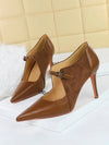 European Elegance: Vintage High Heels with Suede Pointed Toe and Hollow Out Detail