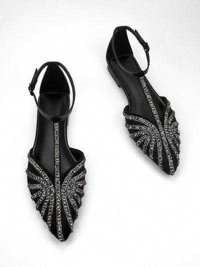 Elegant Gold Rhinestone-Embellished Flat Shoes with Ankle Strap – Perfect for Daily Wear and Special Occasions