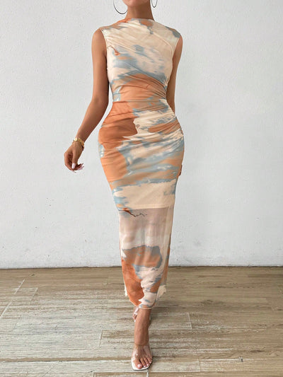 Chic Summer Elegance: Tie-Dye Pleated Dress with Stand Collar