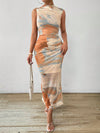 Chic Summer Elegance: Tie-Dye Pleated Dress with Stand Collar