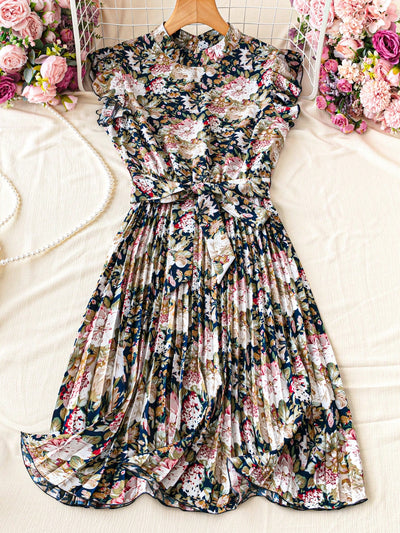 Floral Fantasy: Flower Printed Mini Vacation Dress with Cinched Waist