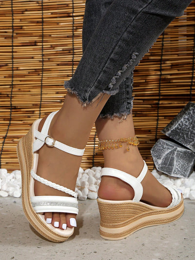 Sparkling White Braided Strap Wedge Sandals: Perfect for Young & Casual Summer Adventures