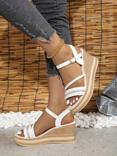 Sparkling White Braided Strap Wedge Sandals: Perfect for Young & Casual Summer Adventures