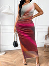 Vibrant Pleated Tie-Dye Plus Size Dress with Asymmetric Neckline and Slit Detail