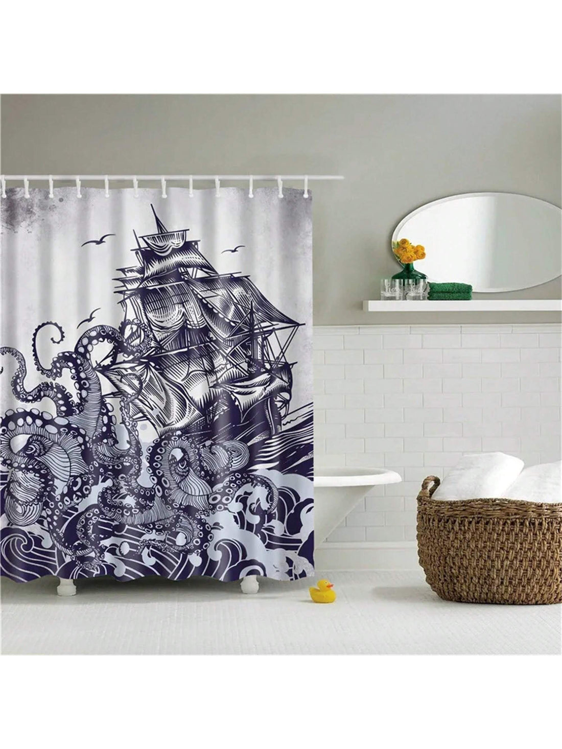 Bring a touch of ocean life into your bathroom with our Ocean Octopus Printed Shower Curtain. Featuring colorful tentacles, this home bathroom decoration adds a vibrant and playful touch to your space. Made with high-quality materials, this shower curtain is both durable and visually appealing.