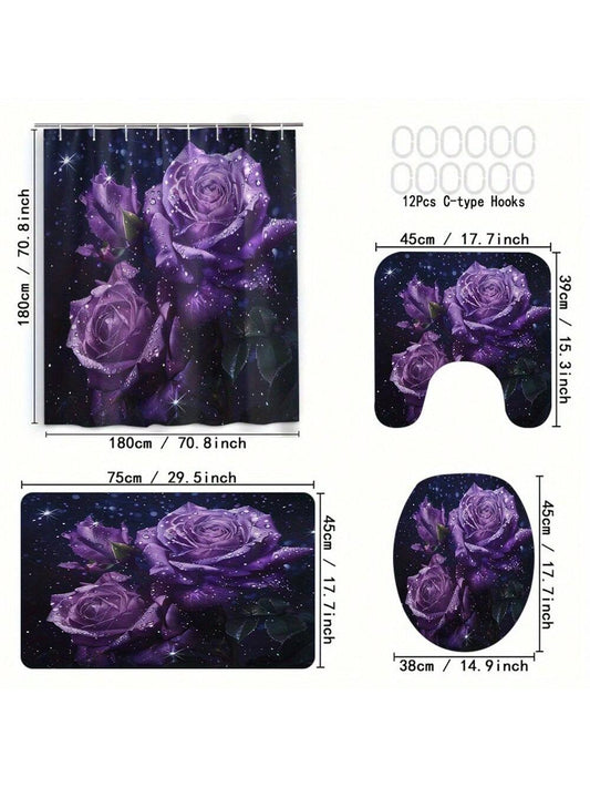 Elegant 3D-Printed Purple Rose Shower Curtain Set – 4-Piece Waterproof Bathroom Décor