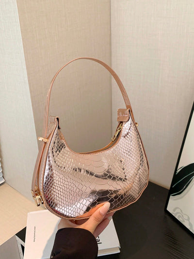 Chic Metallic Snakeskin Hobo Bag - Trendy Crocodile Embossed Shoulder Bag for Effortless Style