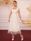 Belle Elegance: Embroidered Mesh Long Dress with Floral Print & Square Neckline