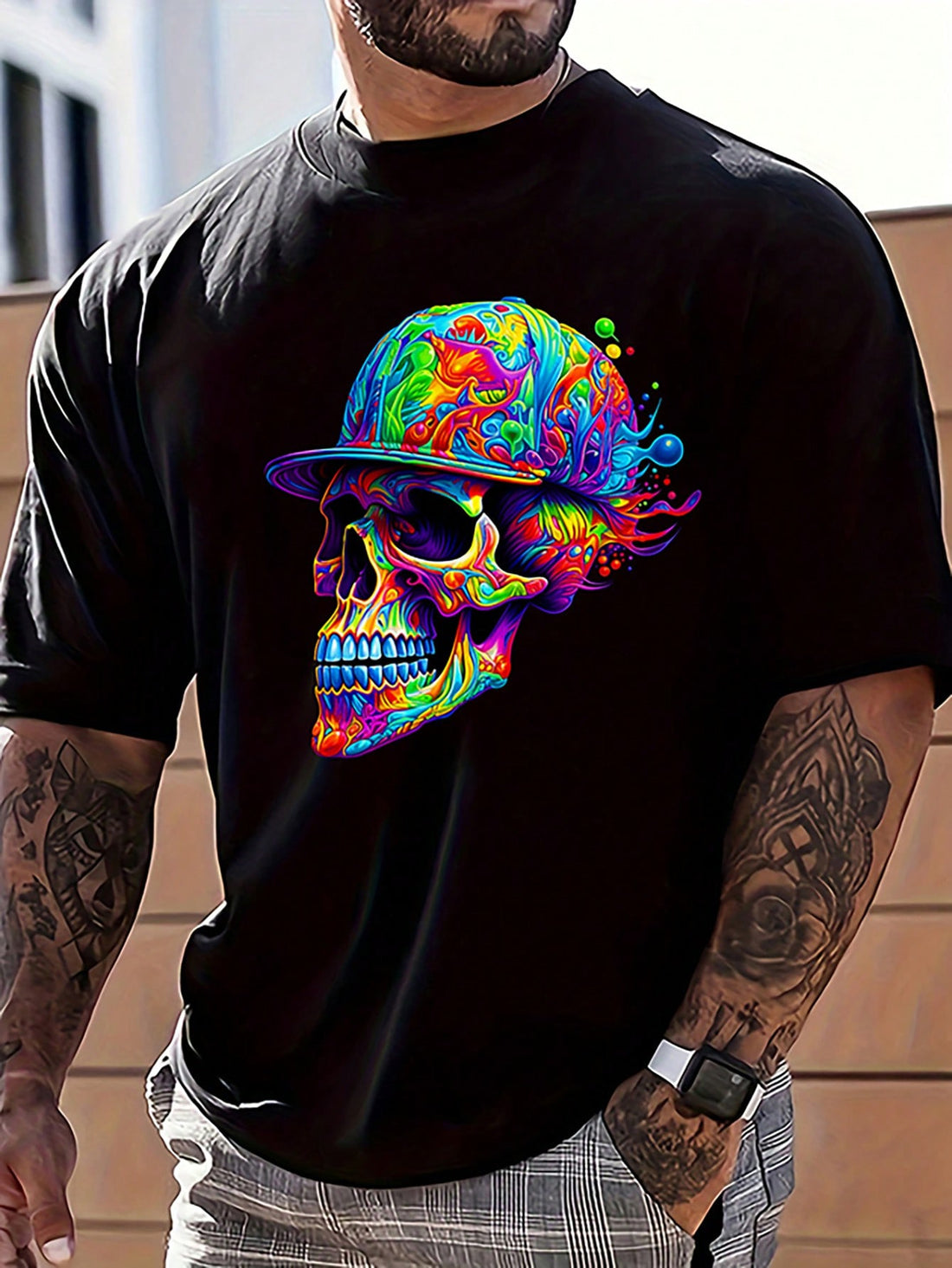 Stay cool and stylish this summer with our Men's Edgy Skull Print Crew Neck Tee. Made with high-quality materials, this tee offers both comfort and edgy style. The crew neck design and breathable fabric will keep you cool during hot days. Elevate your wardrobe with this must-have tee.