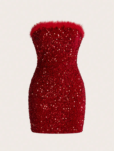 Dazzling Confidence: Fuzzy Trim Sequin Tube Dopamine Bodycon Dress