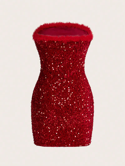 Dazzling Confidence: Fuzzy Trim Sequin Tube Dopamine Bodycon Dress