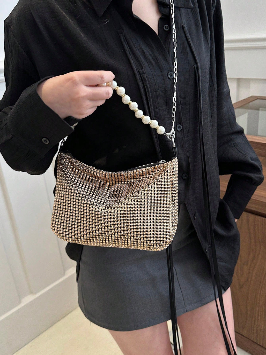 Introducing the Rhinestone Glam Shoulder Crossbody Bag, the perfect blend of style and functionality. Adorned with rhinestones and a chic chain decoration, this bag is perfect for any fashion-forward individual. With a large capacity, it's perfect for carrying all your essentials. Upgrade your accessory game with Rhinestone Glam.
