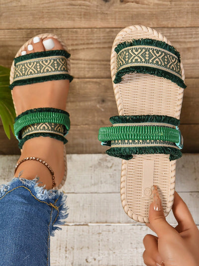 Bohemian Bliss: Blue Round Toe Flat Sandals with Woven Tassels - Versatile and Stylish for Travel and Vacation