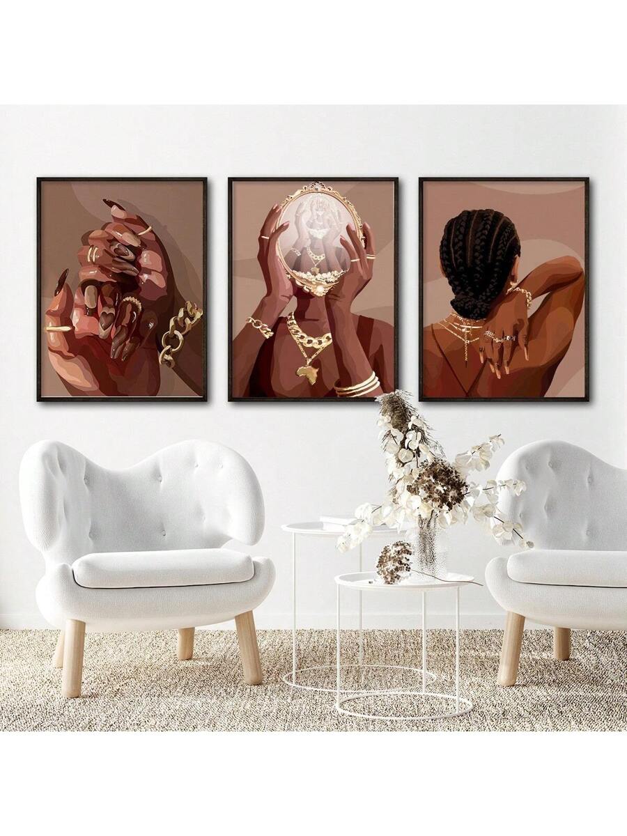 Living room wall mockup of three terracotta female figure prints in slim black display frames
