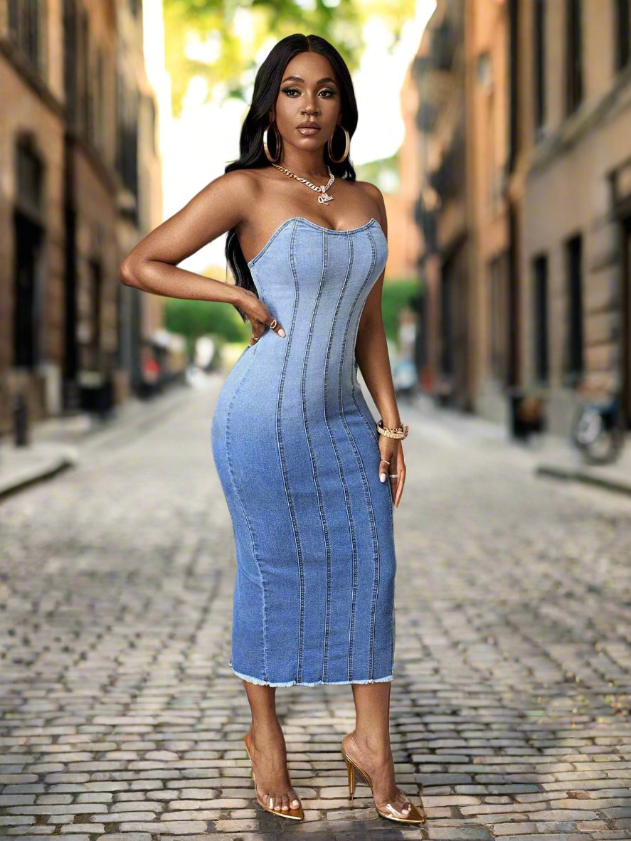Sunset Dreams: Strapless Gradient Denim Dress for Women Canary Houze Sunset Dreams: Strapless Gradient Denim Dress for Women Canary Houze