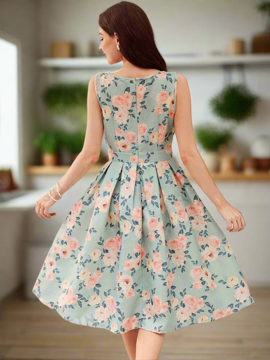 Elevate your spring and summer events with our Vintage Floral Elegance dress. Featuring a sleeveless design and waist belt, this dress offers both style and comfort. The vibrant floral pattern adds a touch of elegance, perfect for any occasion. Upgrade your wardrobe with this must-have piece.