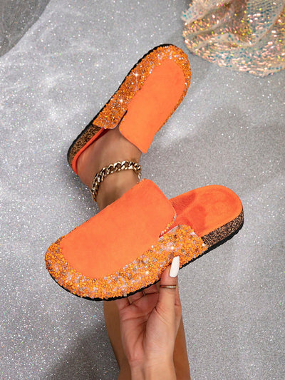 Sparkle and Shine: Rhinestone Glitter Flat Mules Women's Platform Sandals