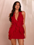 Red halter mini dress with plunging V neck cascading ruffles and fitted skirt