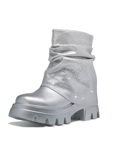 Sparkly Silver Rhinestone Ankle Boots: Stylish Platform Booties for Women