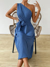 Elegant Asymmetrical Neck Ruched Dress for Effortless Holiday Style